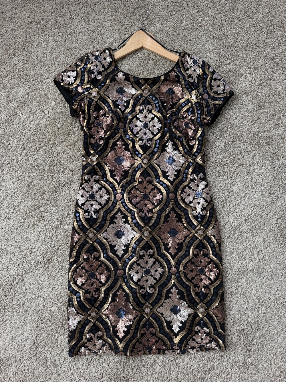 Black Short-Sleeve Sequin Cocktail Dress in Metallic Accents